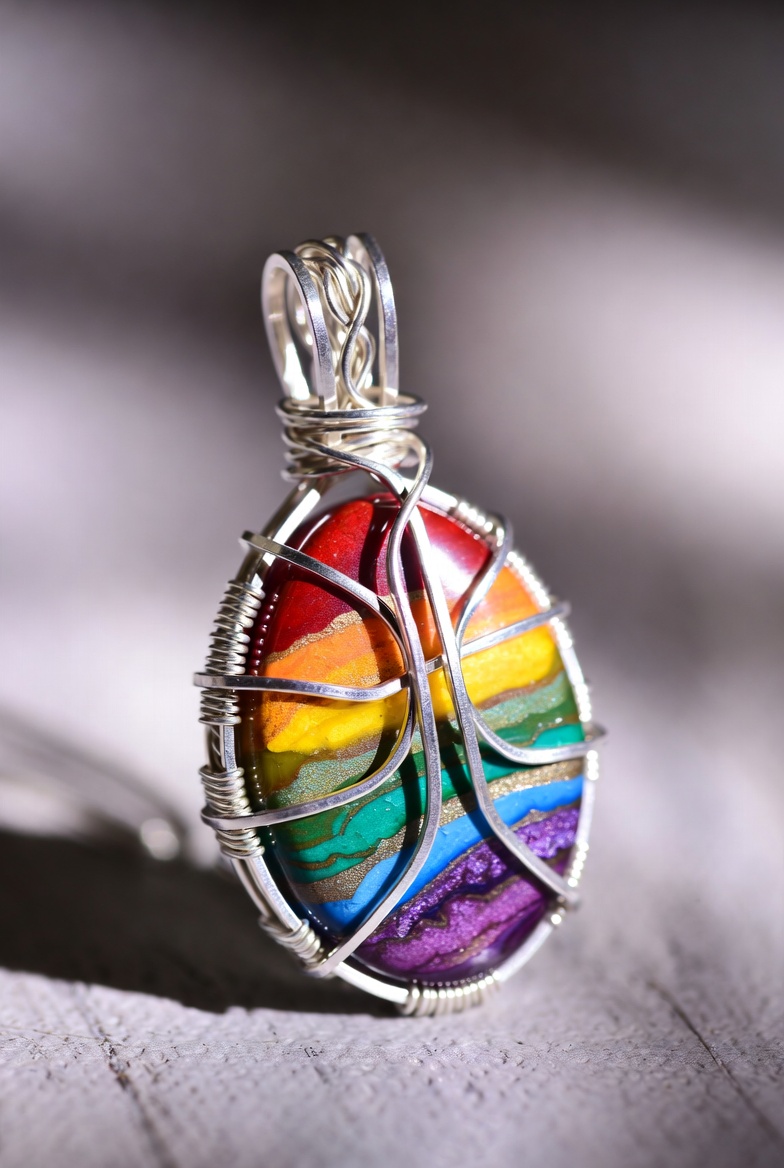 Fordite rainbow oval pendant — pride colorway, silver wire-wrapped