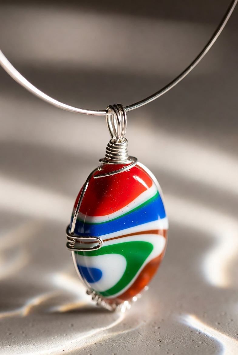 Fordite retro oval pendant — red, green, blue, white striped