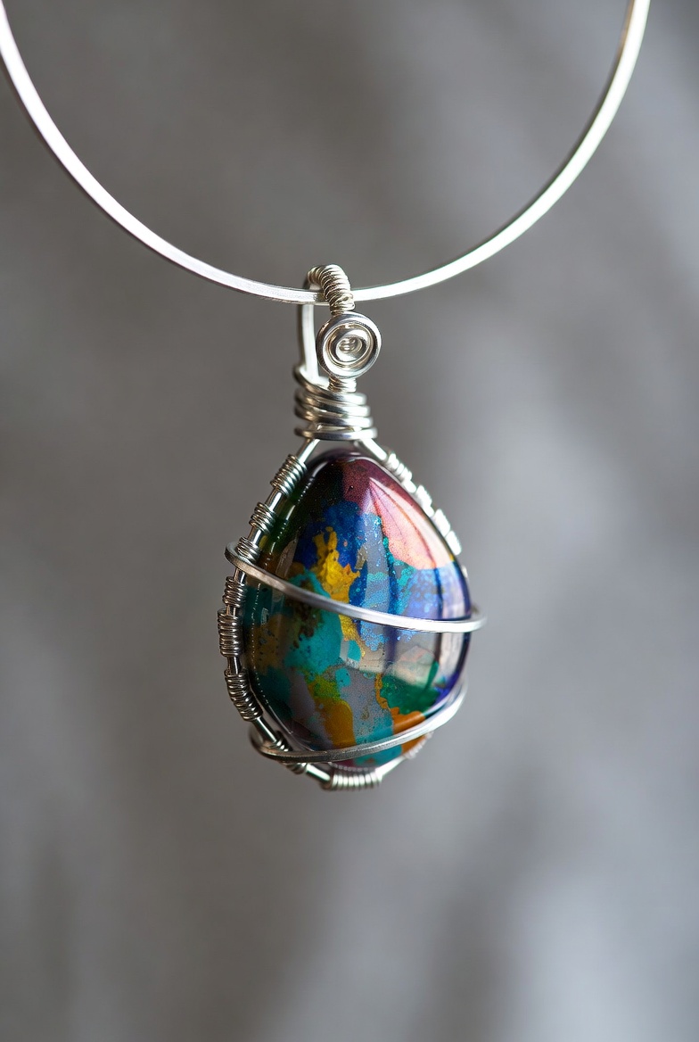 Fordite teardrop pendant — iridescent multi-color, silver wire-wrapped